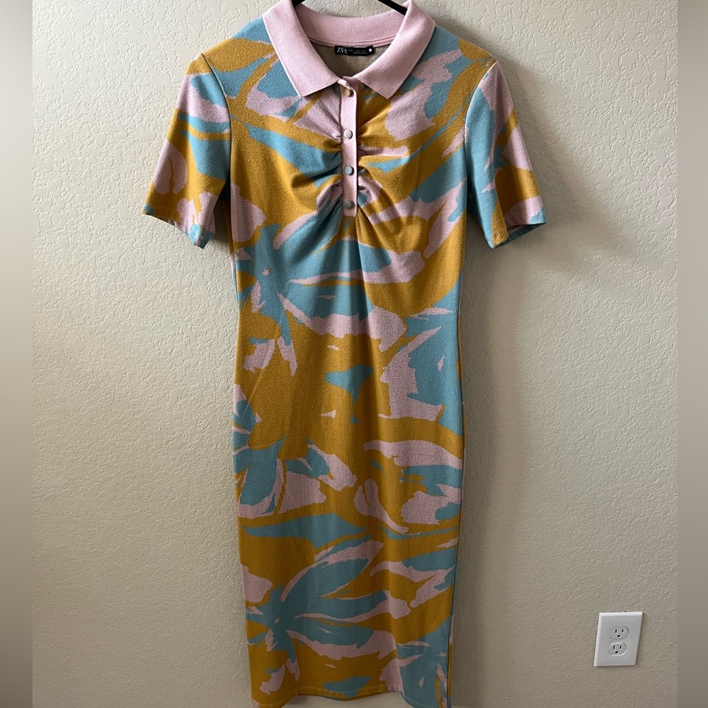 Zara Women’s Jacquard Knit Polo Midi Dress Size S Pink Blue Orange